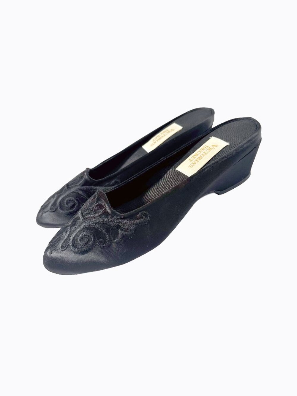 Vtg Victoria's Secret Black Satin Embroidered Mules 7.5 Whimsigoth Regency Wedge